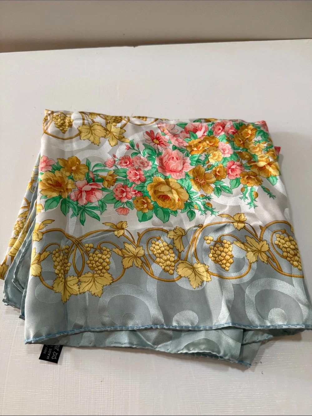 BASILE Silk Floral Garden Square Scarf in Gold, Pink Green & Blue made in Italy